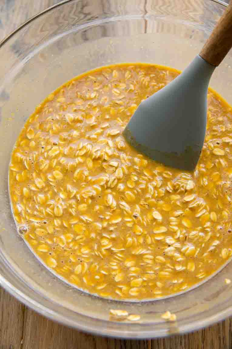 Oatmeal Pumpkin batter in a mixing bowl.