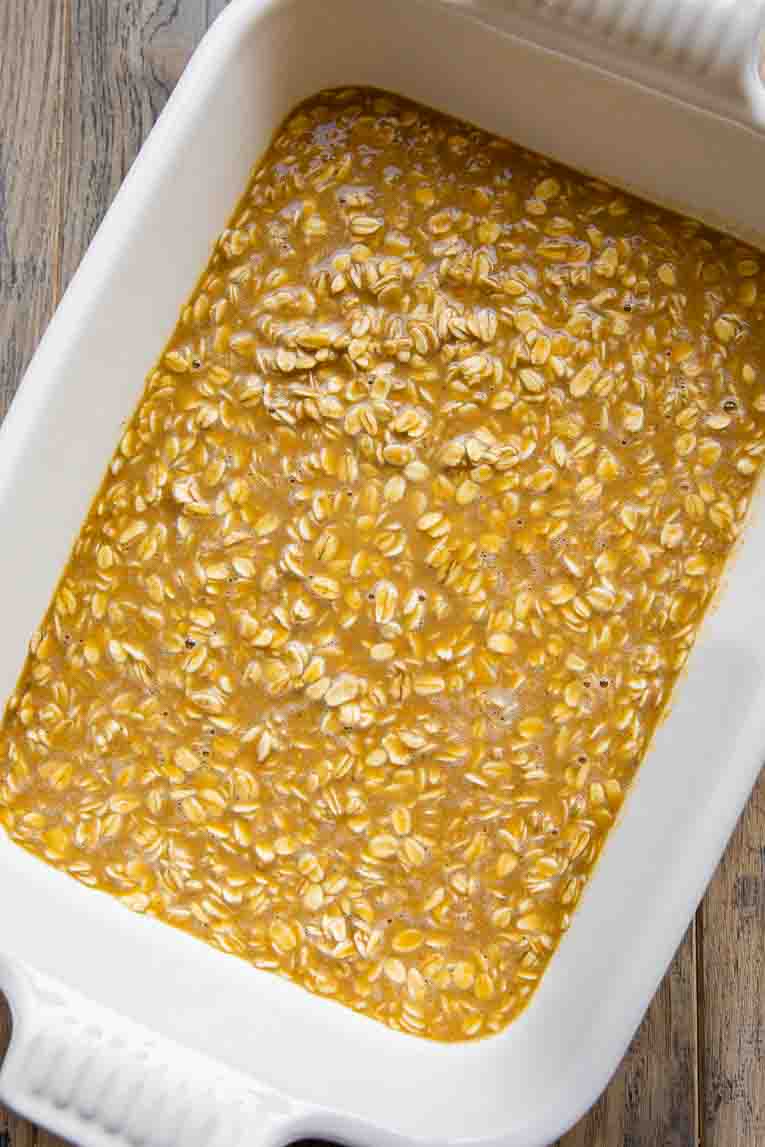 Pumpkin baked oatmeal batter poured into a baking dish.