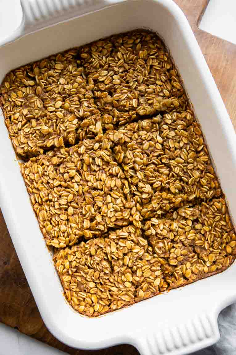 Baked pumpkin oats in a dish.