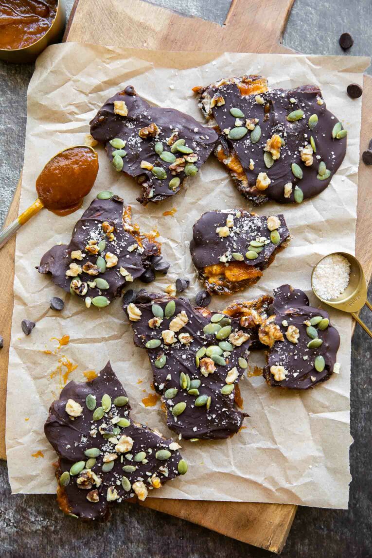 Pumpkin Butter Date Bark on parchment paper.
