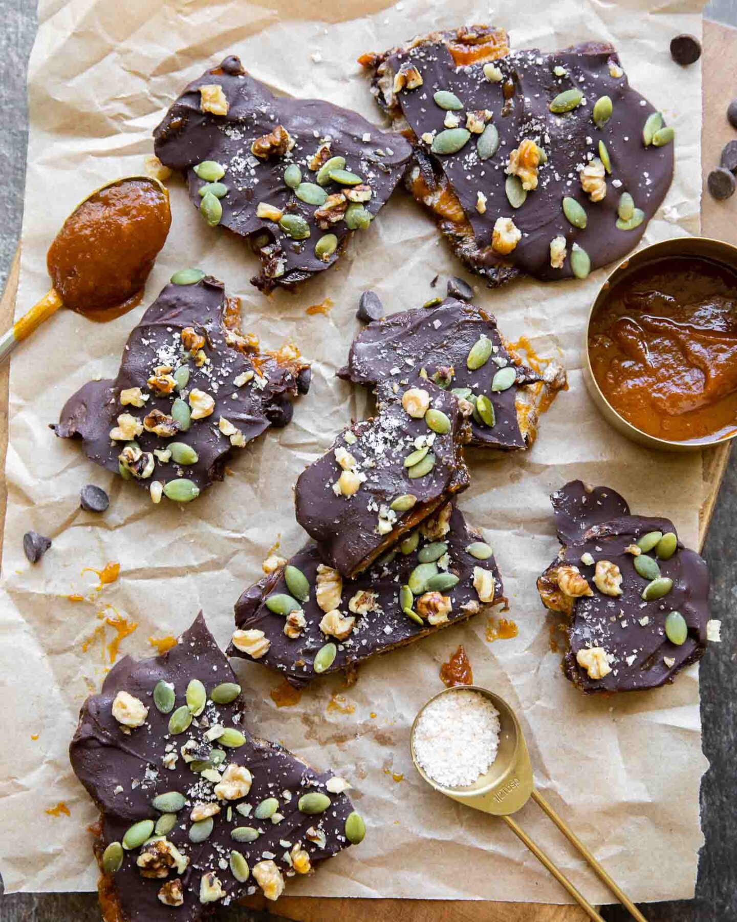 Pumpkin Butter Date Bark cut into pieces.