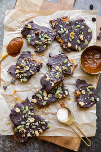 Pumpkin Butter Date Bark cut into pieces.