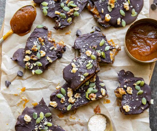 Pumpkin Butter Date Bark cut into pieces.