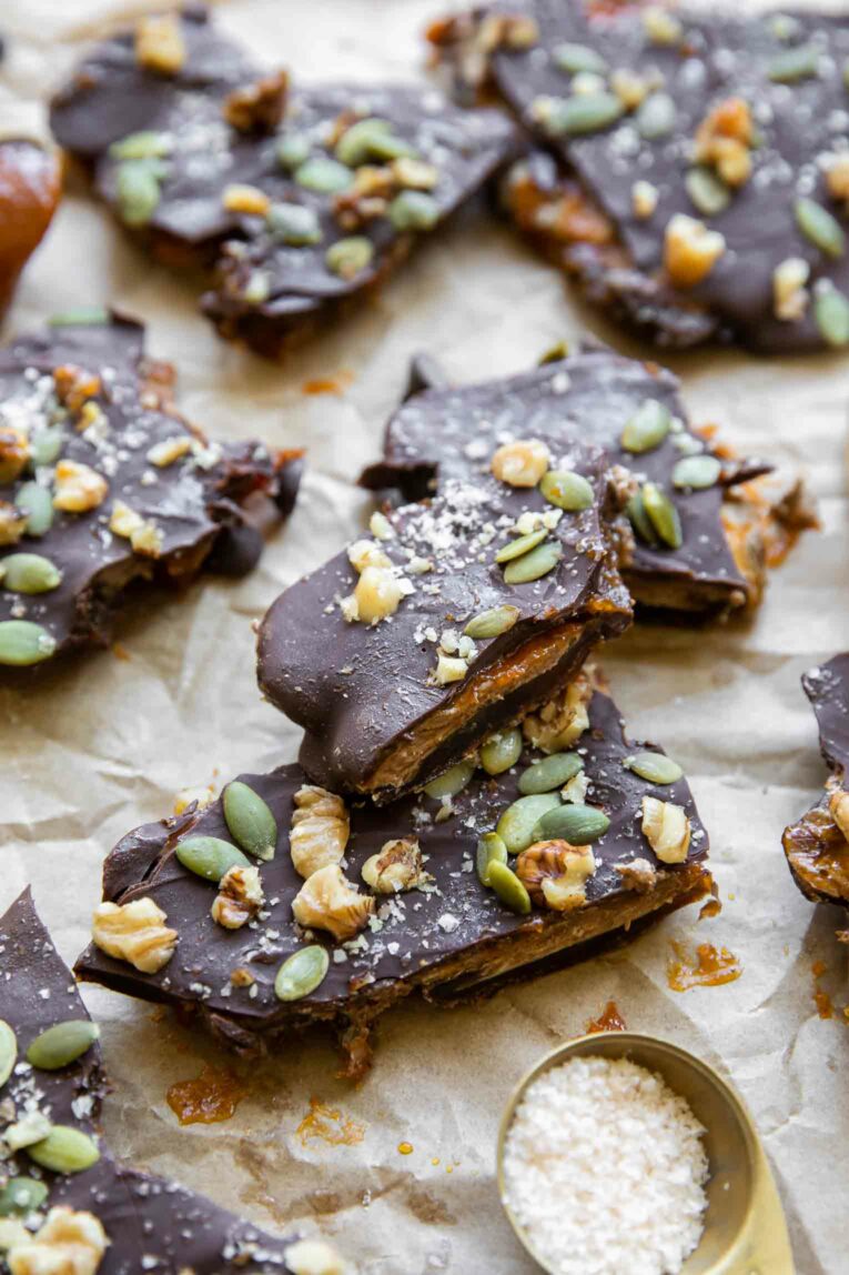 Angled photo of Pumpkin Butter Date Bark.