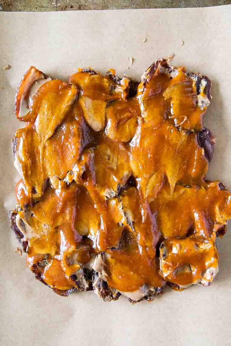 Pumpkin butter spread over almond butter and dates.