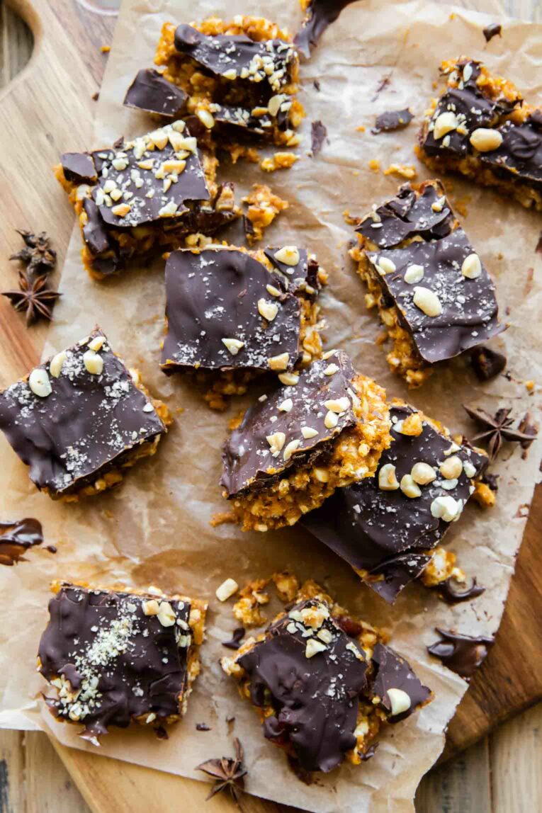 Pumpkin crunch squares recipe on parchment paper.