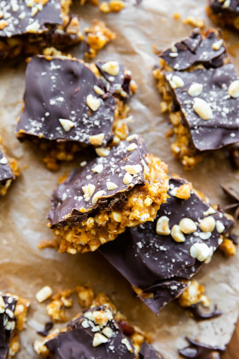 Close up of Pumpkin Crunch Square with salt and peanuts.