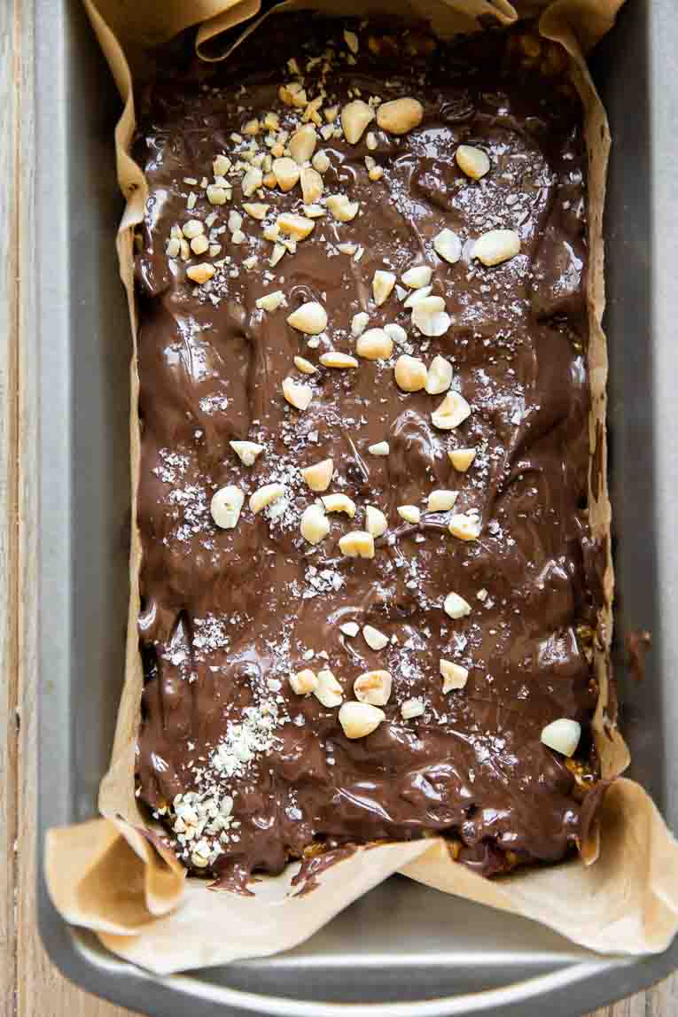 Chocolate coating over pumpkin rice cake mixture.