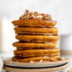 Stack of Pumpkin Oat Pancakes on a plate.
