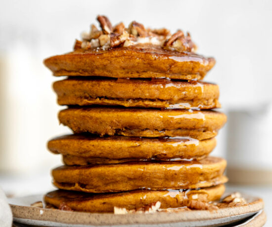 Stack of Pumpkin Oat Pancakes on a plate.