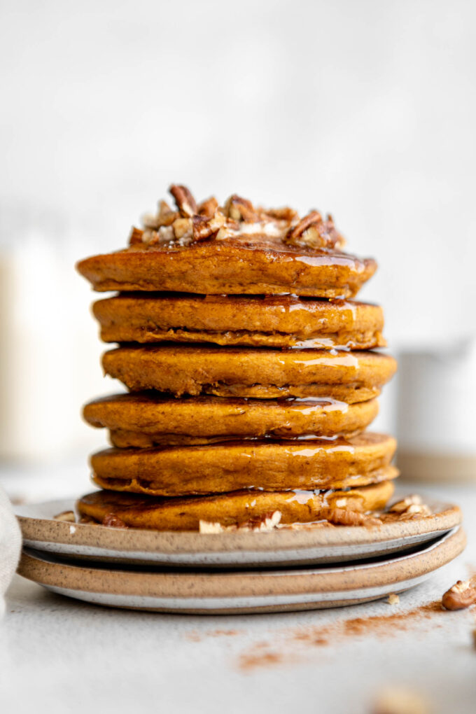 Stack of Pumpkin Oat Pancakes on a plate.