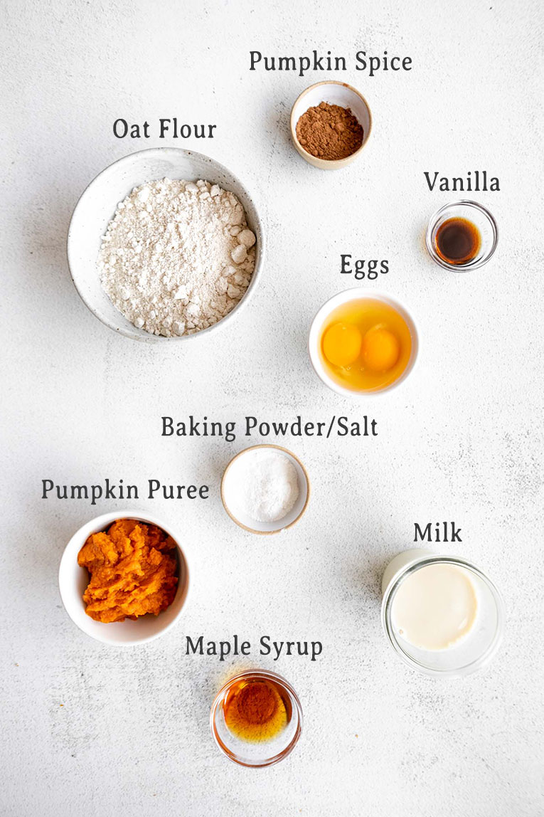 Ingredients for gluten-free oat pumpkin pancakes recipe.