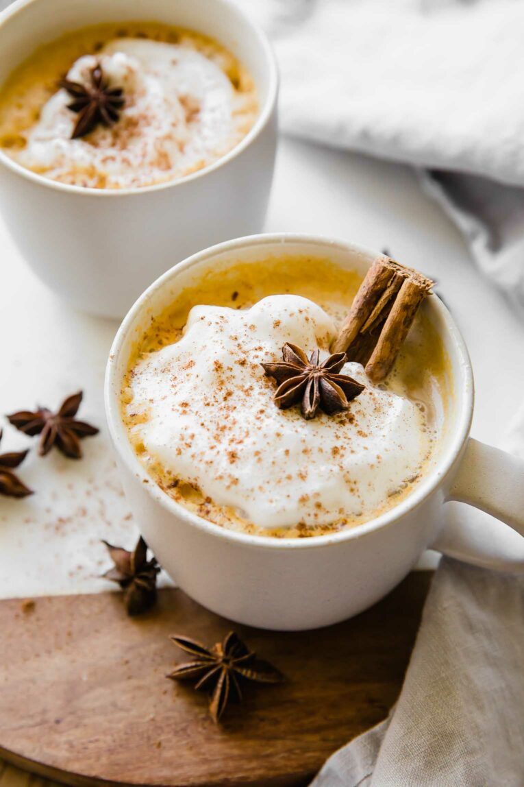 Angled photo of Pumpkin Spice Chai Latte.