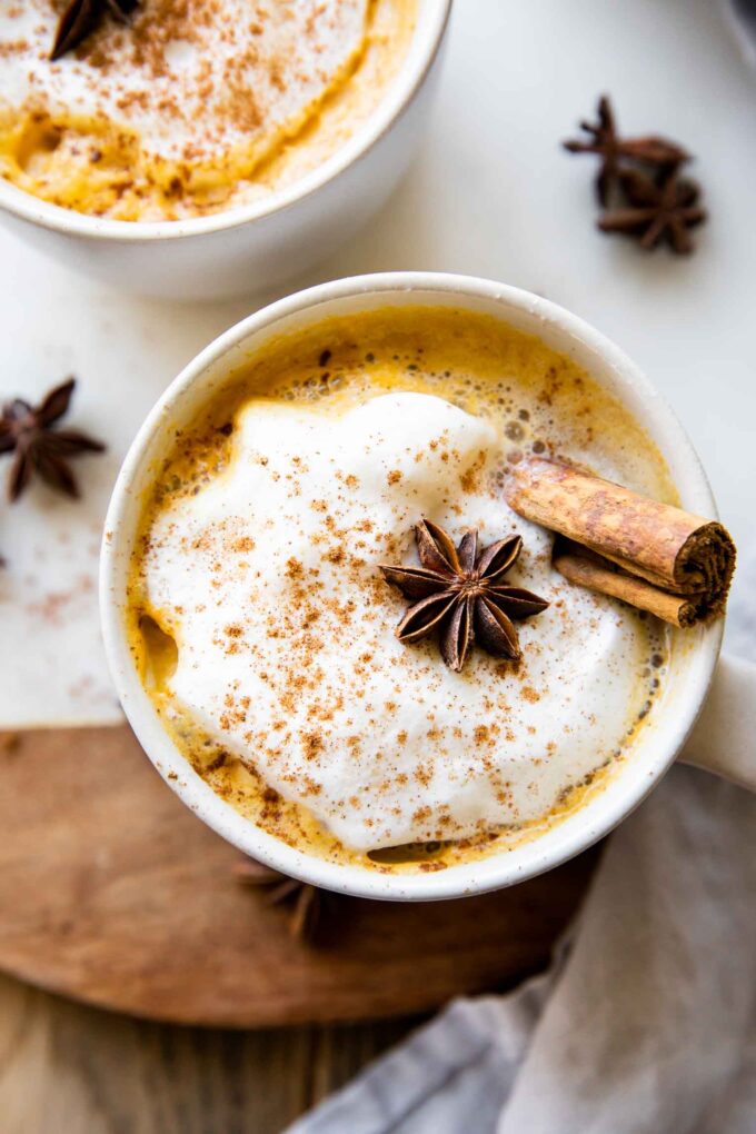 Top shot photo of Pumpkin Spice Chai Latte with anise and cinnamon.