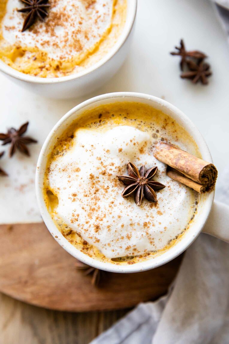 Oat milk Pumpkin Chai Latte with pumpkin spice.