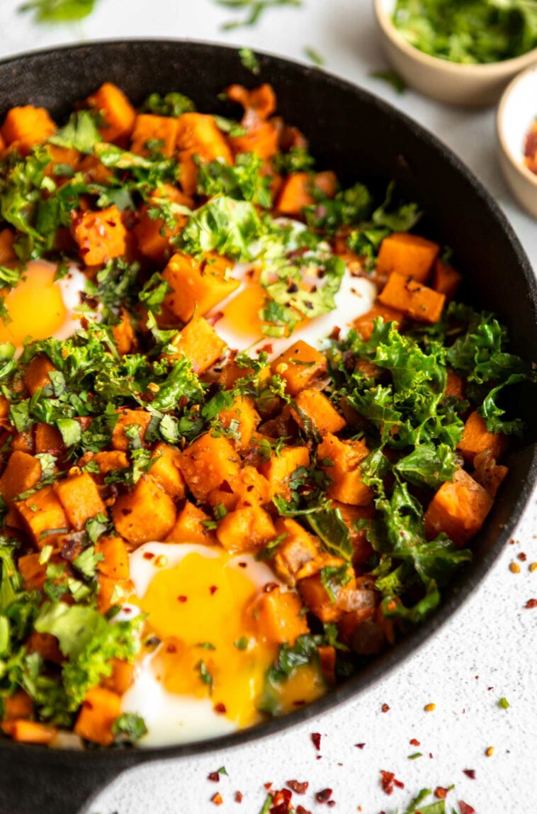 Angled photo of Skillet Sweet Potato Kale Hash.