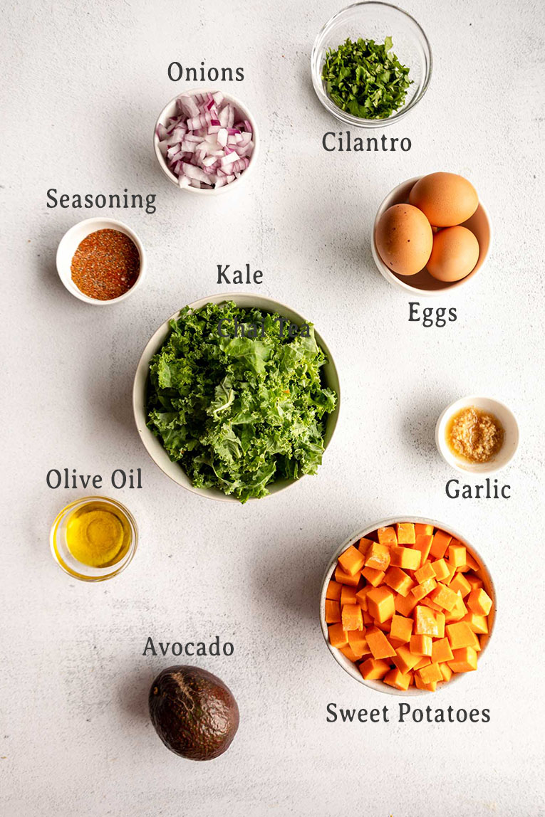Ingredients for Sweet Potato Kale Hash recipe.