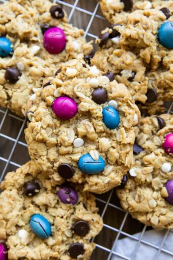 Gluten-Free Monster Cookies on a wire rack.