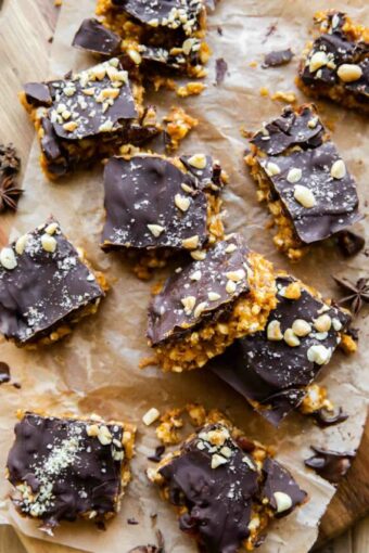 Pumpkin crunch squares recipe on parchment paper.