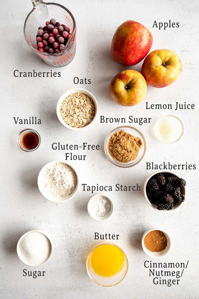 Apple Blackberry Cranberry Crumble fruit bake ingredients.