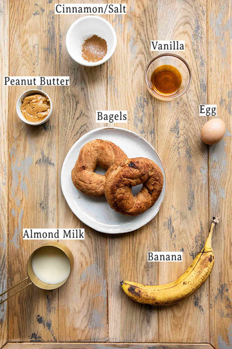 Ingredients for Cinnamon Raisin Bagel French Toast Sandwiches recipe.