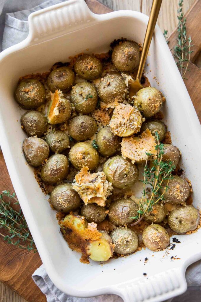 Crispy Garlic Parmesan Crusted Potatoes recipe in a baking dish.