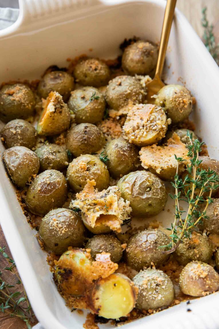 Angled photo of Garlic Parmesan Crusted Potatoes, crispy and delicious.