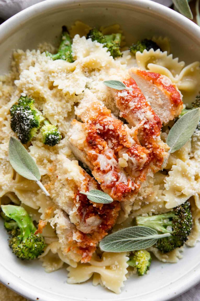 Close up of Garlic Parmesan Chicken Pasta recipe.