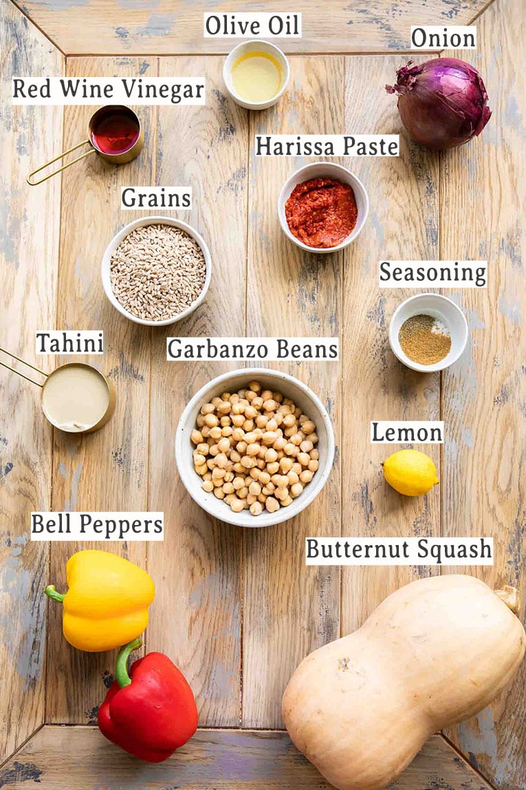 Ingredients list for Harissa Veggie Bowls.