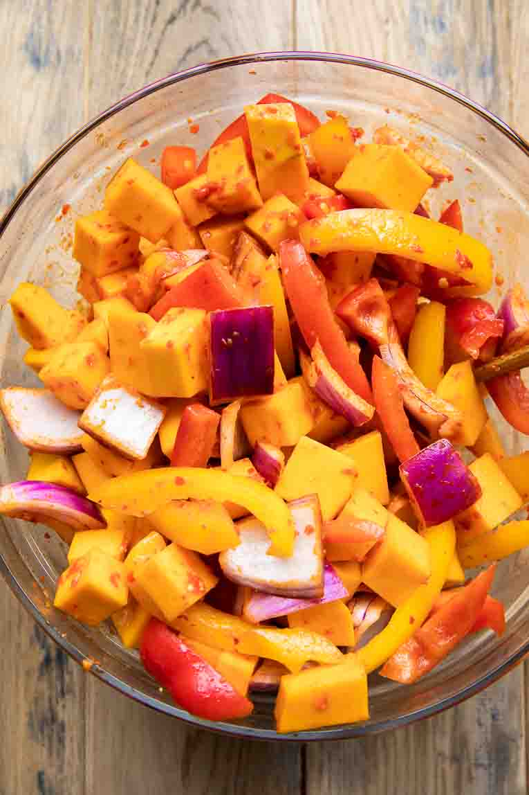 Veggies tossed in harissa sauce.