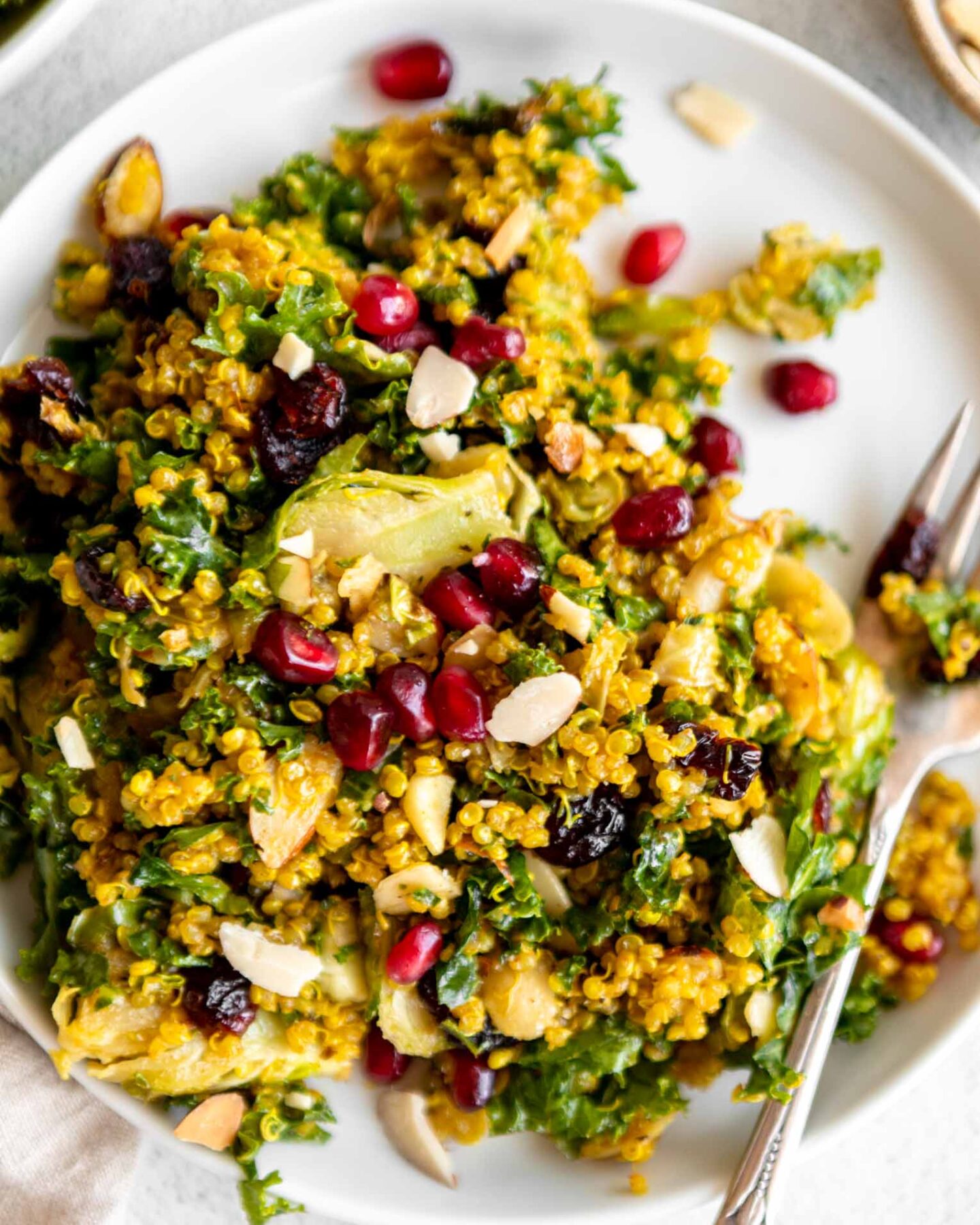 Kale & Brussels Sprouts Curry Quinoa Salad with pomegranate and almonds.