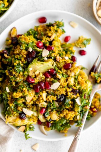 Kale & Brussels Sprouts Curry Quinoa Salad with pomegranate and almonds.