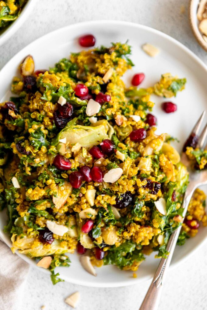 Kale & Brussels Sprouts Curry Quinoa Salad with pomegranate and almonds.