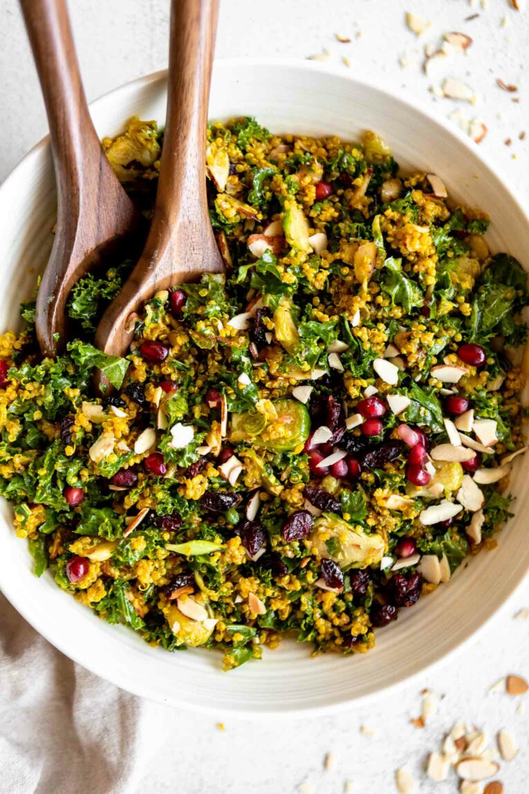 Top shot photo of Kale & Brussels Sprouts Curry Quinoa Salad recipe.