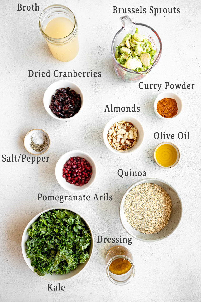 Kale & Brussels Sprouts Curry Quinoa Salad ingredients list.