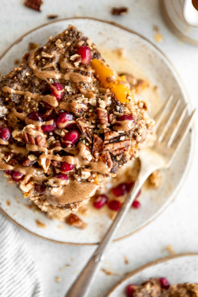 Maple Butternut Squash Quinoa Breakfast Bake on a plate with a fork.