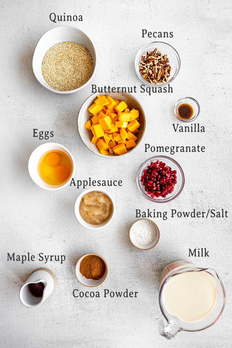 Ingredients for Maple Butternut Squash Quinoa Breakfast Bake recipe.