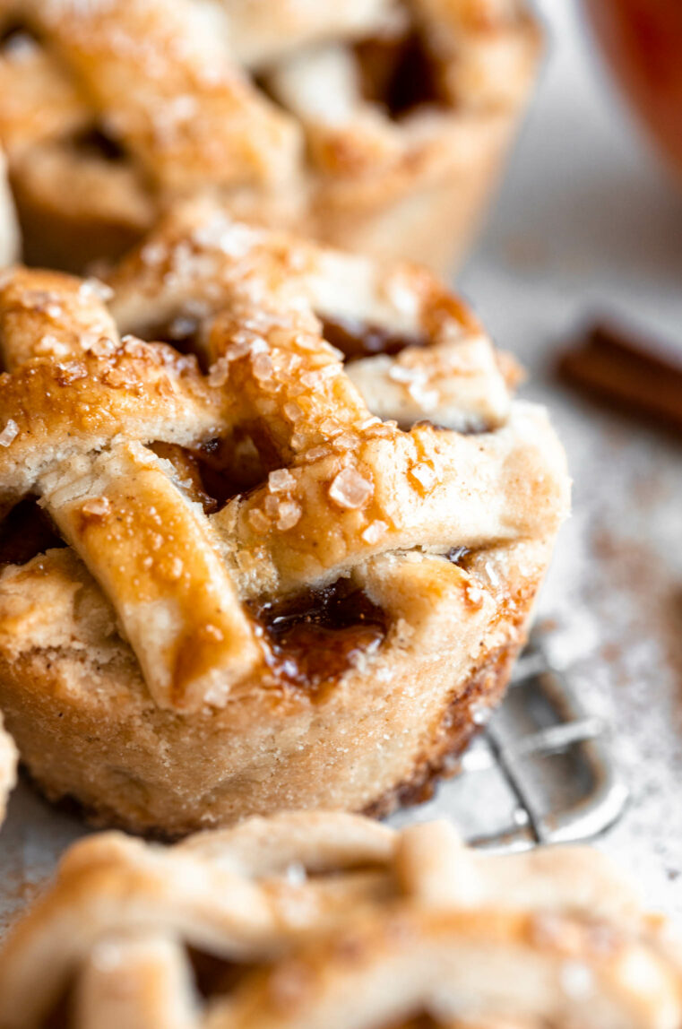 Close up of Gluten-free mini apple pie with lattice top.