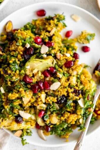 Kale & Brussels Sprouts Curry Quinoa Salad with pomegranate and almonds.