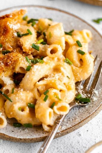 Angled photo of Gluten-Free Mac & Cheese recipe on a plate.