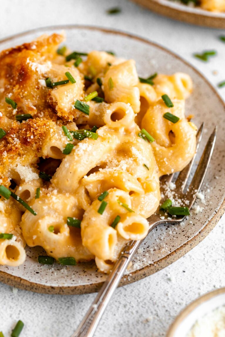Angled photo of Gluten-Free Mac & Cheese recipe on a plate.
