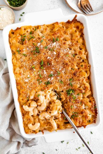 Gluten-Free Baled Mac & Cheese in a casserole dish.