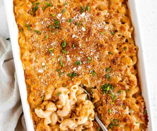 Gluten-Free Baled Mac & Cheese in a casserole dish.
