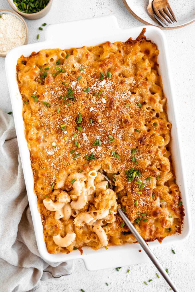 Gluten-Free Baled Mac & Cheese in a casserole dish.