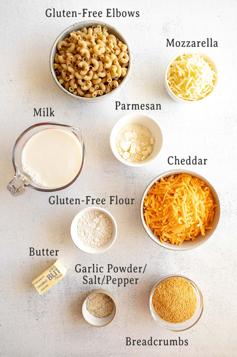 Ingredients for Gluten-Free Baked Mac & Cheese recipe.