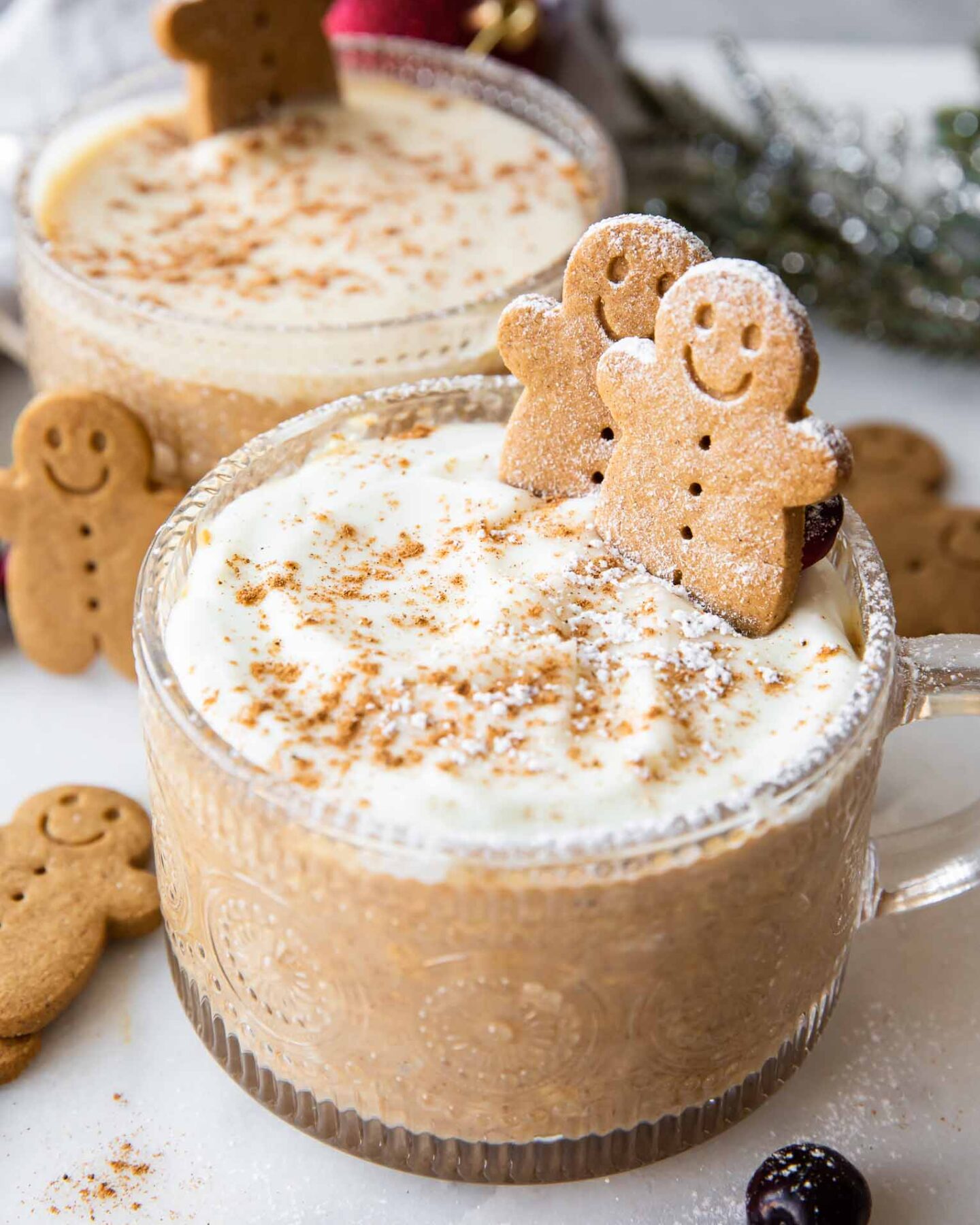 Angled photo of Gingerbread Cookie Overnight Oats recipe.