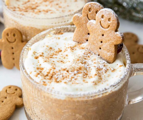 Angled photo of Gingerbread Cookie Overnight Oats recipe.