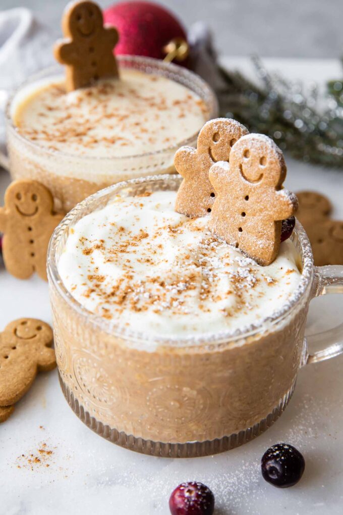 Angled photo of Gingerbread Cookie Overnight Oats recipe.