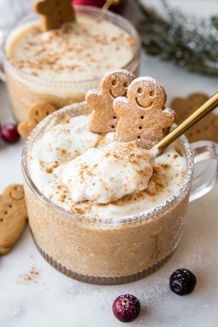 Spoonful of Gingerbread Cookie Overnight Oats being scooped out.