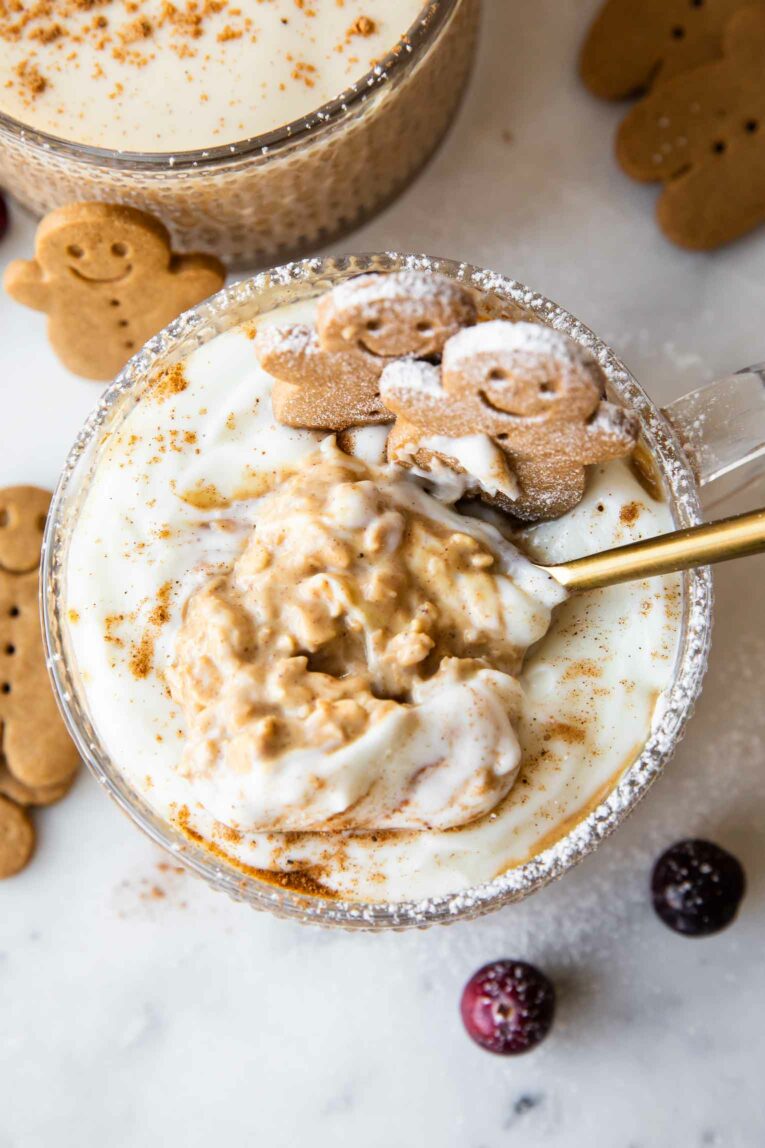 Top shot of Gingerbread Cookie Overnight Oats with spoon.